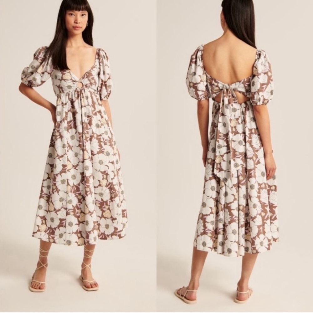Abercrombie & Fitch Brown Floral Puff Sleeve Midi Dress